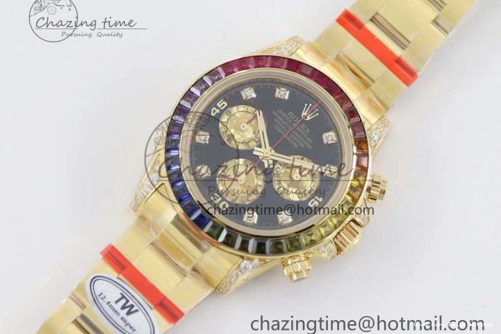 AAA Replica Watches 116595RBOW Black on A Diamonds 2406 Best YG 904L YG Dial Edition Bracelet Effortless TWF 1:1 Steel Daytona YG 0109